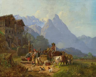 Heinrich Bürkel Bergdorp met fontein c1845