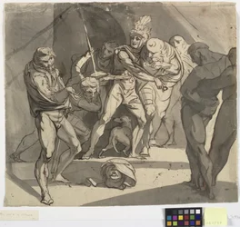 Richard Plantagenet gooit het afgehakte hoofd van de hertog van Somerset aan de voeten van zijn vader. Illustratie voor Shakespeare