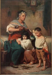 Grootmoeder die haar kleinkinderen het haar knipt