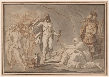 Odysseus ontmoet bij de poorten van Hades de schimmen van Tiresias en Anticlea