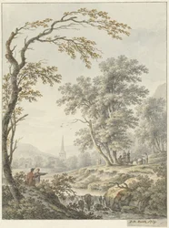 Landschap met waterval en in de verte een kerk