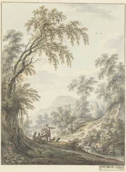 Landschap met watervalletje en in de verte een kasteel