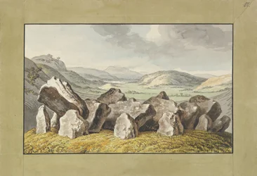 Een Prehistorische Stenen Cirkel op een Heuvel, een Uitgestrekt Landschap Daarachter, midden 18e-vroege 19e eeuw