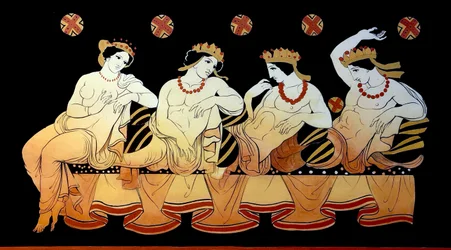 Een vrouwelijke prostituee vermaakt drie mannen tijdens een feest, ca. 1796