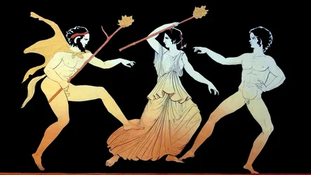 Een sater, een Maenade en een mannelijke volgeling van Dionysus dansen in een razernij c.1796 (Koperplaatgravure)