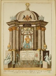 Grafmonument (Castrum Doloris) opgericht door de burgers van Wenen voor de requiemmis voor de keizer (gravure)