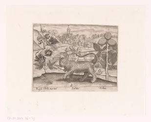 Serie prenten met bloemen en dieren in een landschap (Landschap met stokroos, luipaard en pruimenboom)