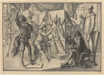 Mezzetin "Schildert" een Portret van Cupido door het Canvas te Snijden om Harlekijn te Onthullen