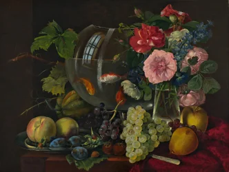 Stilleven met goudvissenkom (olieverf op hout)