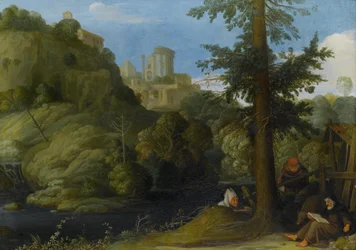 Een kluizenaar met twee reizigers in een bosrijk landschap