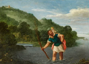 Sint Christoffel draagt het Christuskind in een landschap