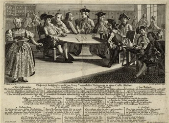 Gesprek tussen 7 bij de oorlog betrokken naties in een café, 1757