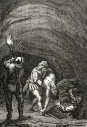 Dood van Willem II van Holland gedood door de Friezen, die hem in het geheim onder de vloer van een huis begroeven Gravure door Johann Michael Mettenleiter (1765-1853) 1800 Privécollectie