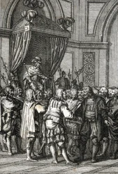 Voorstelling van Willem I (of Willem II, Graaf van Holland) (1227-1256) in 1255 (Graaf Willem II van Holland verleent privileges) Gravure door Johann Michael Mettenleiter (1765-1853) 1800 Privécollectie
