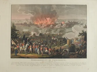 Bombardement van Kopenhagen, 2-5 september 1807, gekleurde aquatint door en naar J. Laurent Rugendas, gepubliceerd door J. Laurent Rugendas, Augsburg, 1807
