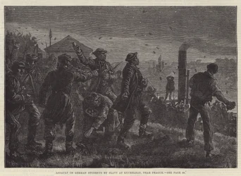 Aanval op Duitse Studenten door Slaven bij Kuchelbad, nabij Praag (gravure)