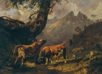 Stier die een Koe Achtervolgt, met Landschap bij Carrara op de Achtergrond