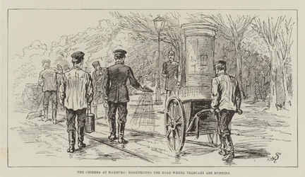 De Cholera in Hamburg, desinfecteren van de Weg waar Trams rijden