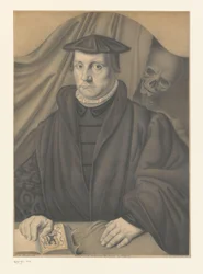 Portret van een onbekende man met skelet achter hem