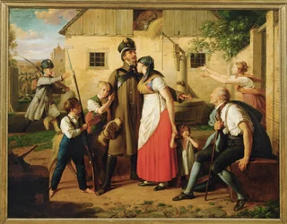 Die Heimkehr des Landwehrmannes - De terugkeer van de schutter ... (schilderij op doek)