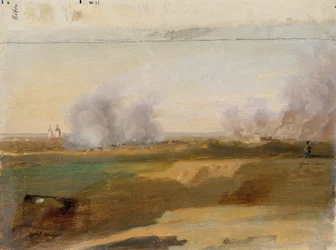 Landschapsstudie met brandende dorpen op de achtergrond