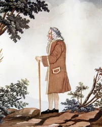 Portret van Voltaire, Franse schrijver (1694-1778) - in Gouache en zijde toegeschreven aan Johann Huber van Genève