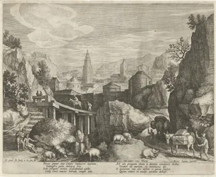 Rotsachtig landschap met de fabel van de ezel en het wilde zwijn