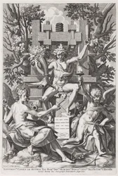 Bacchus Zittend op een Vat tussen Amor en Muziek