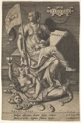 Fiducia, een zittende vrouw houdt een boek en een vaandel terwijl ze haar hoofd wegdraait van een kale tak, 1579