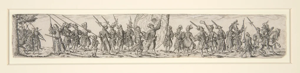 Marcherende soldaten met een vaandeldrager