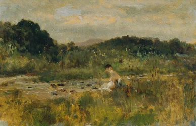 Beeklandschap met zittend meisje