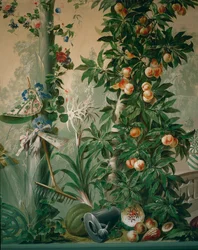 Tuintafereel, fruitboom en een vrouwelijke tuinman met hoed, handschoenen en hark in de Tuinkamer ...