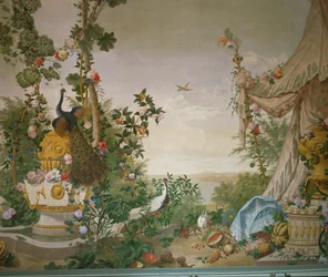 Tuinvoorstelling met pauw en tent in de Tuinkamer van Paleis Schönbrunn