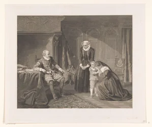 De moeder, vrouw en zoon van Reinier van Oldenbarnevelt smeken Maurits om genade, 1623