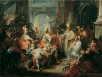 De heilige Ambrosius weigert keizer Theodosius toegang tot de Milaanse kathedraal