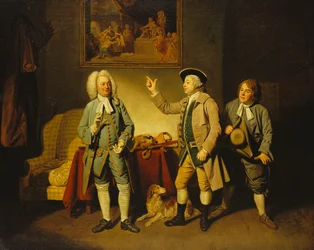 Een Scène uit "Love in a Village" door Isaac Bickerstaffe, Acte 1, Scène 2, met Edward Shuter als Justice Woodcock, John Beard als Hawthorn, en John Dunstall als Hodge