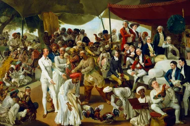 Kolonel Mordaunt kijkt naar een hanengevecht in Lucknow, India, 1790