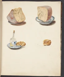 Stilleven met kaas, schnaps en pretzel