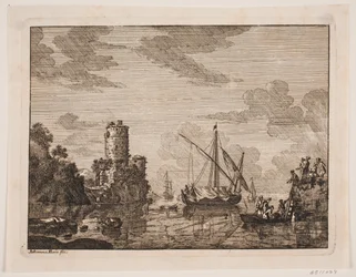 Schepen op een rivier. Links een toren