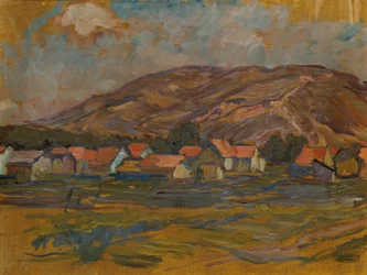 Landschap met huizen en berg