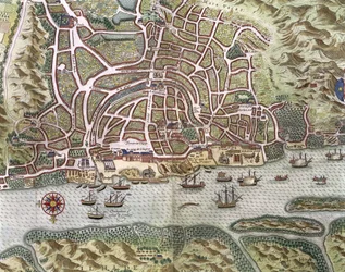 Kaart van de stad en de Portugese haven van Goa, India, detail van de haven en de koopvaardij, 1595, gravure, detail van 110750