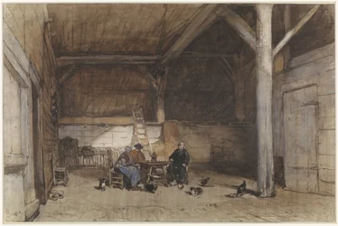 Boereninterieur met twee mannen en een vrouw aan een tafel, verder enkele kippen en katten