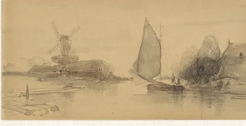 Riviergezicht met zeilschip