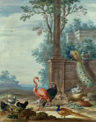 Een Italiaans aandoend landschap met een pauw, fazant, flamingo en ander gevogelte