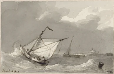 Vissersboot op een woelige zee, met in het verschiet een dorp