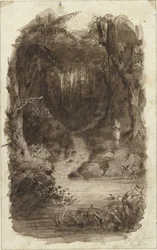 Man in tropisch bos, staande bij water