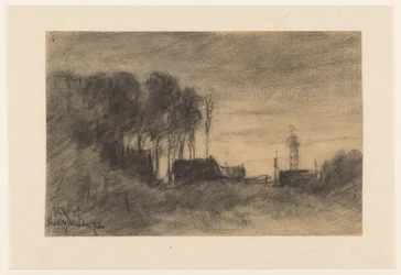 Groep huizen en bomen bij Hooghalen, Avondstemming