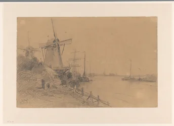 Molens bij Dordrecht langs de rivier met schepen