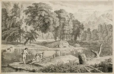 Arcadisch landschap met een rivier en drie baadsters