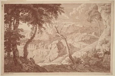 Berglandschap met twee rustende mannen